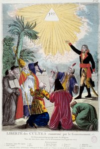 Rappresentazione della libertà di culto di tutte le religioni mantenuta da Napoleone Bonaparte: il primo Console indica il triangolo della Trinità simboleggiante Dio con i rappresentanti di ogni religione: vescovo cattolico, un ebreo, un quacchero