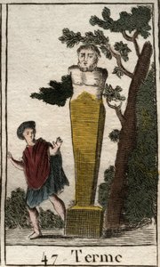 Rappresentazione del dio Termine, sotto forma di terminale, per segnare possedimenti e terre. Da "Mythology of Youth" di Pierre Blanchard 1803. da French School