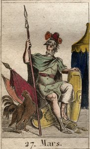 Rappresentazione del dio della guerra Marte, armato, vicino a un gallo. Da "Mythology of Youth" di Pierre Blanchard 1803.