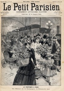 Ritorno dalla campagna in una domenica sera di primavera: viaggiatori lasciano i treni di una stazione di Parigi dopo aver passeggiato lungo le rive della Marna o della Senna. Primavera a Parigi. Uno del giornale 