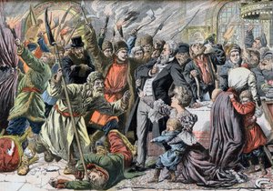 Rivoluzione del 1905 - Contadini russi in rivolta che invadono una casa di campagna. Illustrazione per Le petit Journal, 2 aprile 1905 da French School