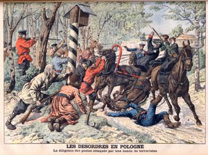 Rivoluzionari in Polonia - Terroristi che attaccano una diligenza in Polonia. I disordini in Polonia. Diligenza attaccata da una banda di terroristi. Illustrazione per Le Petit Journal da French School