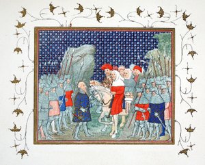 Riccardo II tradito a Penmaur Rhos e fatto prigioniero dal duca di Northumberland, copia facsimile da Le Prinse et Mort du Roy Richart di Jean Creton, ristampa XIX secolo da French School