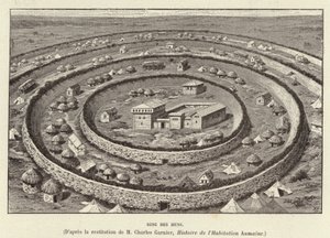 Ring des Huns. Fortificazioni a forma di anello che proteggono un insediamento degli Unni (incisione) da French School