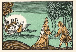 Riquet con il ciuffo, da Histories or Tales of Past Times told by Mother Goose, With Morals, di M Perrault, pub. 1925 (stampa xilografica colorata a mano) da French School