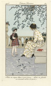 Abito Crépon bianco a pois gialli - Abito da bambina in tartan ciliegia e verde, da Costumes Parisien, pub.1913 (stampa a stencil) da French School
