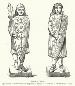 Roland e Roger, Bassorilievi del IX secolo in pietra sopra la porta della cattedrale di Verona (incisione) da French School