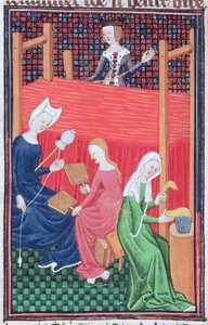Roy 16 G V f.56 Gaia Cecilia o Tanaquil, con telaio e donne che filano, da 