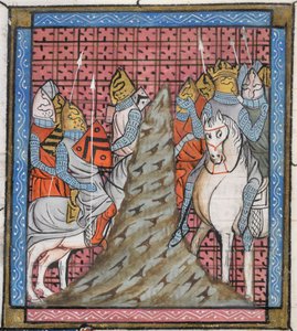 Dettaglio di una miniatura della divisione di un esercito crociato mentre attraversa una montagna, illustrazione da 