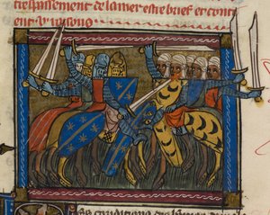 Eserciti cristiani e saraceni in battaglia, illustrazione da 