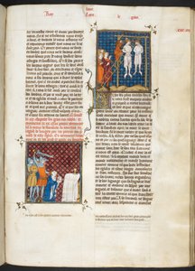 Royal MS 16 G. VI, f.306r, Omicidio di Carlo, conte delle Fiandre impiccato (Luigi VI, libro 20), da Les Grandes Chroniques de France