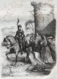 Ruggiero e tre ninfe dalla corte di Alcina - incisione del 1851 dal poema Orlando furioso da French School
