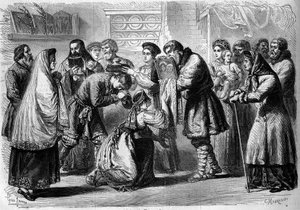 Usanze russe - Matrimonio - 1860: cerimonia pre-matrimoniale. Il padrino e la madrina benedicono i futuri sposi. Il padrino presenta loro l