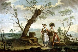Paesaggio rustico con lavandaie e un contadino
