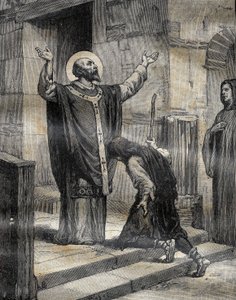San Aubert (Saint-Aubert) vescovo di Cambrai e Arras (633-667?), accolse il suo discepolo e figlioccio prodigo, Landelin (613-) figlio del signore di Vaulx e lo perdonò per i suoi tre anni di errore. Incisione in 
