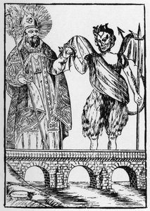 San Cado (o Cadoc o Catuod o Catoc o Cazut o Cadochus) santo leggendario cristiano dà un gatto al diavolo in cambio della costruzione di un ponte - immagini popolari Perret da French School