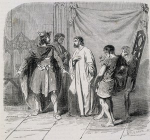 San Eloi e Dagoberto: Dagoberto fu stupito quando Eloi gli presentò la seconda poltrona - incisione XIX secolo da French School