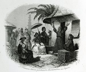 San Francesco Saverio che predica il cristianesimo in Giappone. Incisione per illustrare Storia e Descrizione del Giappone di Padre de Charlevoix, A.Mame et Compagnie editori, Tours da French School