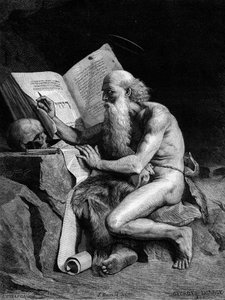 San Girolamo nel deserto. Incisione dal dipinto di Georges Sauvage (Auguste Albert Georges Sauvage detto). Incisione in "Le Monde Illustré" n.1196 del 28 febbraio da French School