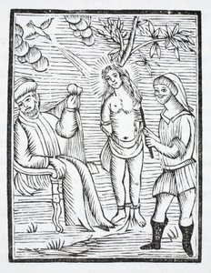 Santa Reine viene torturata, la sua pelle strappata da pettini di ferro, per ordine di Olibre, per aver rifiutato di rinnegare la sua fede da French School