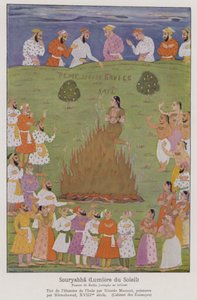 Sati, la tradizione della vedova che si immola sulla pira funeraria del marito in India (litografia a colori) da French School