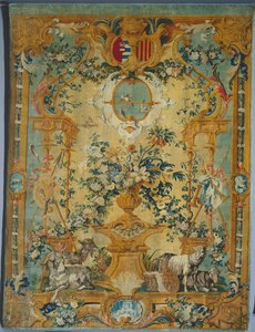 Pannello di Savonnerie: Primavera con stemma, manifattura Savonnerie, Francia, prima del 1717 da French School