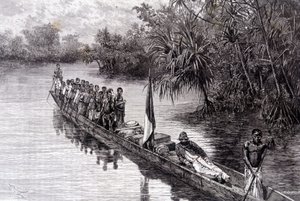 Savorgnan de Brazza in una canoa nei pandanus dell