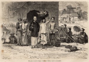 Scena del mercato di Saigon, incisione da un disegno di D. Maillard, illustrazione del viaggio in Cocincina, del Dottor Morice, nel 1872, pubblicato in "Le tour du monde" 1875, a cura di Edouard Charton, edizione Hachette, Parigi. Collezione Selva. da French School