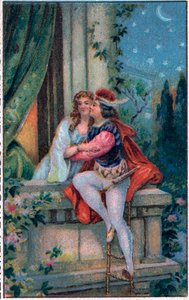 Scena da "Romeo e Giulietta" di Shakespeare, atto 3, scena 5: gli amanti sul balcone.