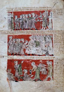 Scena di vita studentesca al Collegio Hubant o Ave Maria a Parigi. Scene di vita studentesca (pasti, carità) e regolamenti del collegio. Strisce 7-9. Pagina manoscritta del Libro degli statuti del Collegio di Hubant o dell