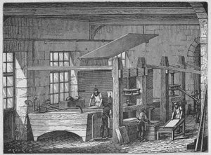 Scienza. Fabbricazione della carta. Carta fatta a mano. Incisione in: Grands hommes et grands faits de l