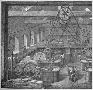Scienza. Fabbricazione della carta. Tini per stracci (fabbricazione della carta di cotone). Incisione in: Grandi uomini e grandi fatti dell