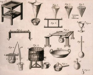 Attrezzatura scientifica, da Gli elementi della chimica di Antoine Laurent de Lavoisier, inciso da D.Lizars da French School