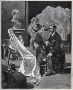 Scultura, laboratorio di uno scultore, messa a fuoco e scultura di un busto. Incisione del 1880 in "Les arts et métiers illustrés" di Adolphe Bitard