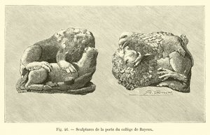 Sculture sulla porta del collegio di Bayeux (incisione) da French School