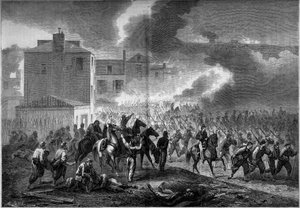 Guerra di Secessione (1861-1865) o Guerra Civile Americana: evacuazione della città di Corinth (Mississippi) nel 1862. Incisione in 
