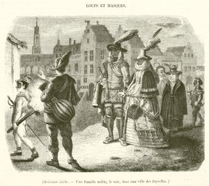 XVI secolo, Una famiglia nobile, di sera, in una città dei Paesi Bassi (incisione) da French School