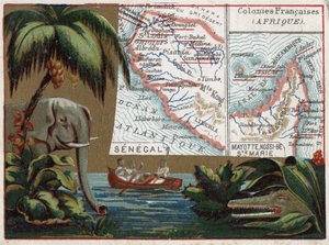 Senegal, Mayotte, Ile de Sainte Marie, Nossi Be (Nossi-be o Nosy-be o Nosy be), Africa. Elefante, coccodrillo e barca in un fiume. Serie sulle colonie francesi. Cromolitografia "il filo geografico", circa 1920. Collezione privata da French School