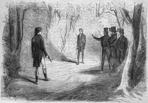 Romanzo a puntate: "Ricchi e Poveri" di Emile Souvestre (1806-1854). Il duello di Boissard e Larry. Incisione in "Les bons romances" da French School