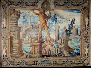 Sette meraviglie del mondo: il Colosso di Rodi (statua di Helios). Arazzo realizzato dall