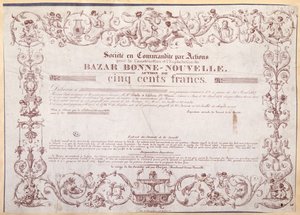 Certificato azionario per 500 franchi per il Bazar Bonne-Nouvelle, 1836