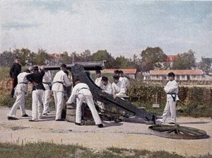 Sparare un cannone da 95 da un punto di osservazione per sedie e piazza - in "Album militare" - artiglieria a piedi da French School