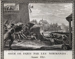 Assedio di Parigi da parte dei Normanni, anno 885. Incisione da 
