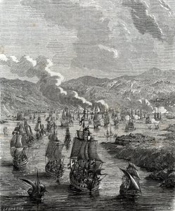 Assedio di Tolone dal 29 luglio al 21 agosto 1707 durante la Guerra di Successione Spagnola quando una forza alleata di terra e mare assediò la base navale francese a Tolone (incisione) da French School