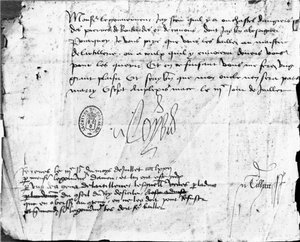 Firma di Luigi XI su una lettera al Governatore di Angiò, datata 3 luglio 1472 da French School