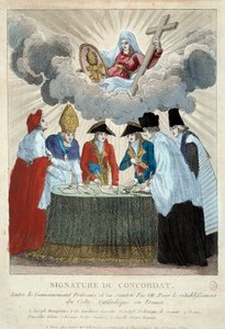 Firma del Concordato del 1801 il 15/07/1801: firmato tra il governo francese (qui rappresentato da Giuseppe Bonaparte) e la Santa Sede (rappresentata dal cardinale Consalvi per Papa Pio VII). 1801 Parigi, Museo Carnavalet da French School