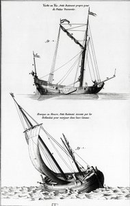 Schizzo di barche: uno yacht o yac e un hourque o hollock, che è una piccola barca inventata dagli olandesi per navigare nei canali - in "Enciclopedia di Diderot", vol 7 Marina, incisione, Bibl. Mazarine