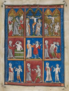 La Chirurgia: Nove miniature che mostrano scene bibliche e mediche. Sopra, Cristo che porta la Croce; Maria e San Giovanni al Calvario; Cristo dato aceto e trafitto con la lancia. Al centro e sotto, medici che curano pazienti per vari da French School