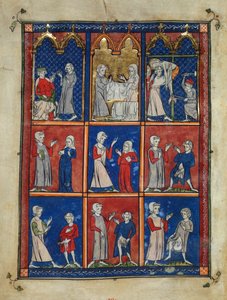 Joseph di Arimatea chiede il corpo di Cristo, Joseph e una donna con lenzuola funebri, e la Deposizione, e sotto, due donne che presentano un seno malato a un medico, e quattro uomini con varie malattie genitali da French School