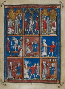 Sloane MS 1977 fol.6r Nove miniature che mostrano scene bibliche e mediche. Sopra, Cristo davanti a Caifa e Pilato; la flagellazione. Al centro e sotto, medici che curano pazienti per ossa rotte e altre malattie da French School
